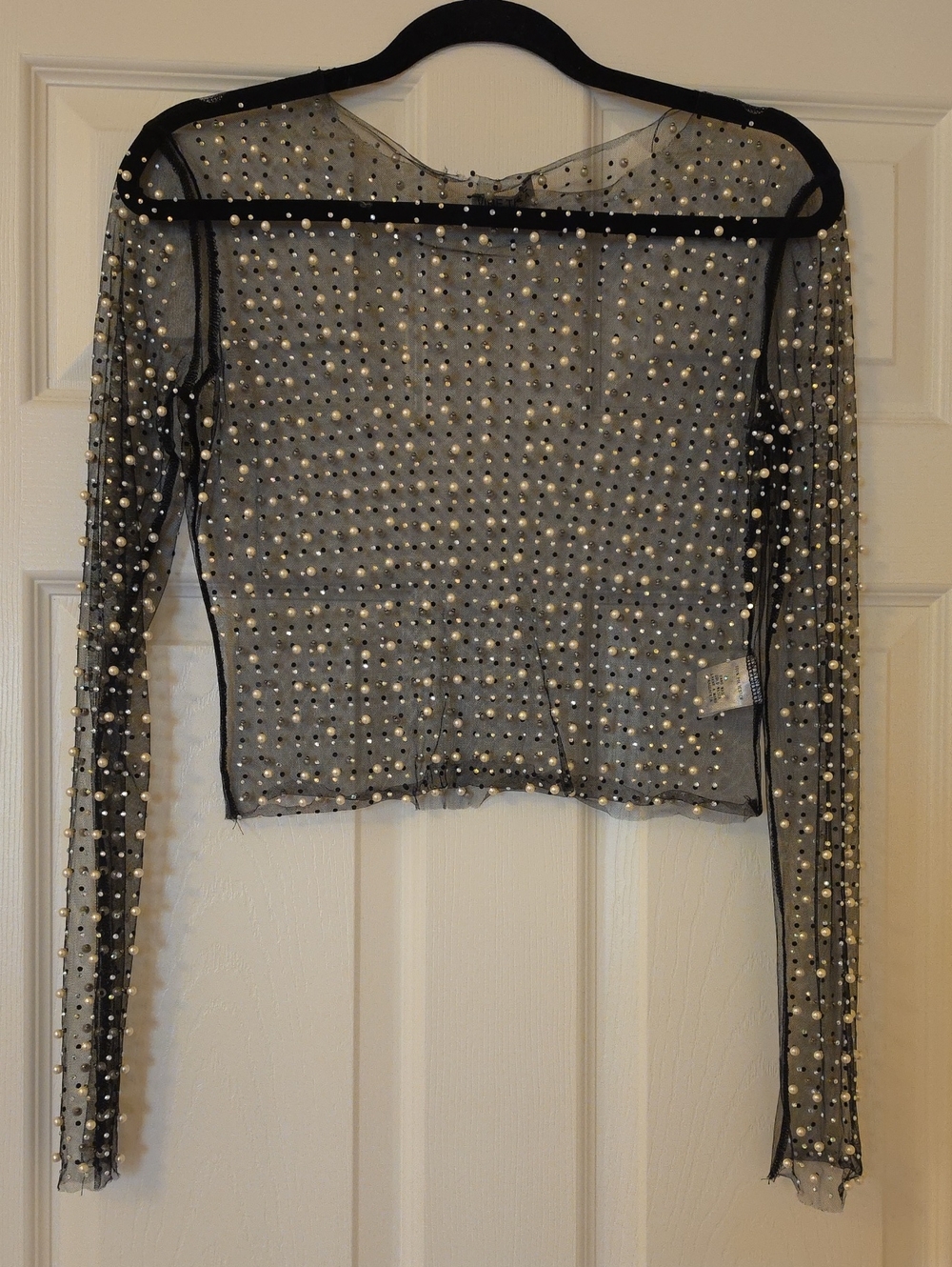 Sheer Black Rhinestone and Pearl-Studded Long Sleeve Top